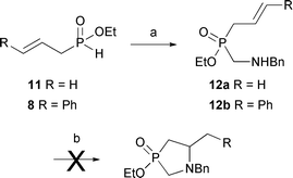 Attempted Pd(ii)-catalyzed cyclization. (a) 1,3,5-tribenzylhexahydro-1,3,5-triazine (0.4 equiv.), toluene, reflux, 16 h, 12a 57%; 12b 83%. (b) Pd(OAc)2 (5 mol%), AcONa (2 equiv.), DMSO, O2, 80 °C, 60 h.