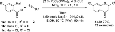 Coupling-addition-substitution (CASNAR) sequence to yield substituted 4H-thiochromen-4-ones 4.