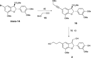 Synthesis of dihydrodehydrodiconiferyl alcohol. Reagents and conditions: (a) Pd(PPh3)4 (13 mol%), CuI (0.53 equiv.), Et3N, 90 °C, 6 h (73%); (b) H2 (1 atm), 10% Pd/C, MeOH, rt, 3 h; then formic acid, 20 min (97%); (c) LiAlH4, THF, −15 °C→0 °C, 3 h (100%).