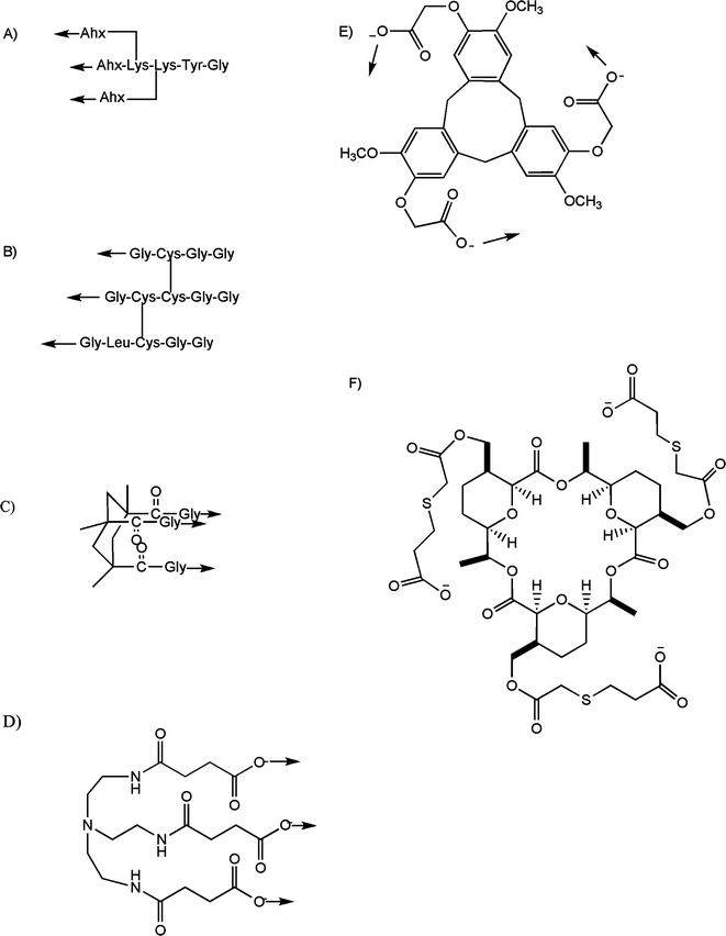 Templates used for the chemical synthesis of triple-helical peptides: (A) di-Lys branch after coupling to 6-aminohexanoic acid (Ahx); (B) disulfide bridge (cystine-knot); (C) cis,cis-1,3,5-trimethylcyclohexane-1,3,5-tricarboxylic acid (KTA) after coupling to Gly; (D) tris(2-aminoethyl)amine (TREN) after coupling to succinic acid; (E) cyclotriveratrylene (CTV) after coupling to α-bromoethanoic acid; and (F) macrocyclic. The arrows indicate the direction of collagen-like sequence incorporation.