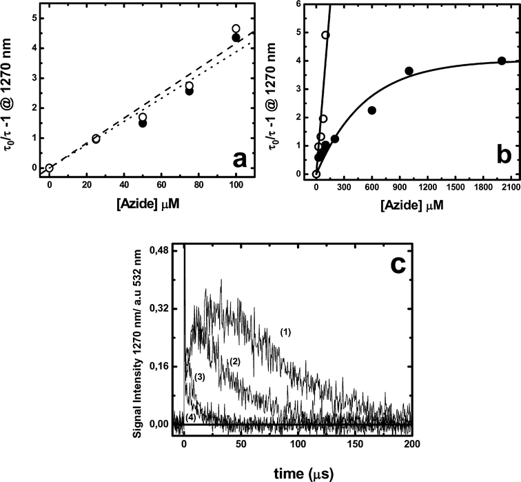 Stern–Volmer plots of singlet oxygen lifetimes plotted as a function of sodium azide concentration. Singlet oxygen concentration was estimated by its phosphorescence measured at 1270 nm for: (a) 10 μM MB without (○) or with 10 μM HSA (●); (b) 10 μM RB without (○) or with 10 μM HSA (●); (c) singlet oxygen emission profiles produced by 10 μM RB in presence of 10 μM HSA without (1) or with 25 μM (2), 100 μM (3) or 2000 μM (4) azide. All measurements were performed in deuterated PBS 100 mM buffer pD 7.4 air-equilibrated solutions.