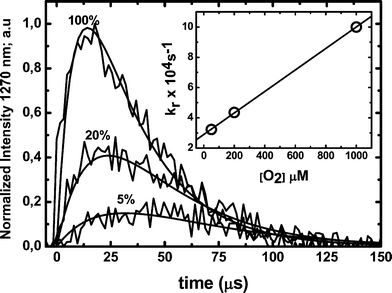 Singlet oxygen emission profiles obtained after laser pulses (3 mJ) at 532 nm of 10 μM RB in presence of 10 μM HSA at different oxygen concentrations. The solid lines represent the signal fitting with eqn (4). The inset shows the rise in kr as a function of dissolved oxygen concentration. All measurements were performed in air equilibrated solutions in deuterated PBS 100 mM buffer, pD 7.4.