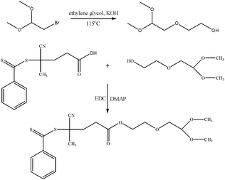 Synthesis of RAFT agent 4-cyano-4-methyl-4-thiobenzoylsulfonyl-butyric acid 2-(2,2-dimethoxy-ethoxy)-ethyl ester (acetal-RAFT) (2)