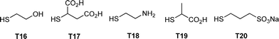 Chemical structures of examples of thiols employed in the photochemically induced thiol-ene synthesis of 4-armed silanes.