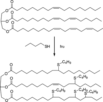 Reaction of butanethiol with the cis-ene bonds in vegetable oil under photochemical conditions.