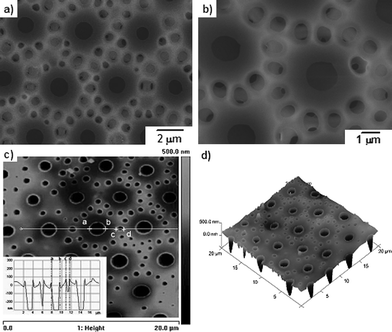 
          SEM and AFM images of PM2k-b-PS10k film fabricated at 28 °C in 50% RH (a) SEM top view of film; (b) magnified image of (a); (c) AFM height image (inset: section analysis of the white straight line); (d) 3D AFM image of film.