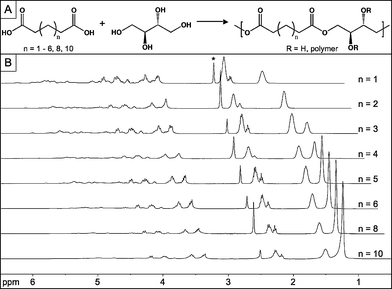 Synthesis and NMR spectra of PErD using glutaric, adipic, pimelic, suberic, azelaic, sebacic, dodecanedioic, and tetradecanedioic acids. (A) Thermal polycondensation of erythritol and dicarboxylic acids of differing lengths led to the catalyst-free design of pre-polymers. Further heating of the pre-polymers allowed for the preparation of polyester thermosets. (B) 1H NMR spectra of the pre-polymers OErGl (n = 1), OErAd (n = 2), OErPi (n = 3), OErSu (n = 4), OErAz (n = 5), OErSe (n = 6), OErDo (n = 8), and OErTe (n = 10). The asterisk designates the solvent peak (d6-DMSO).