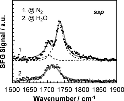 
              SFG spectra for PMMA at N2 and water interfaces in the CO region for the ssp polarization combination.