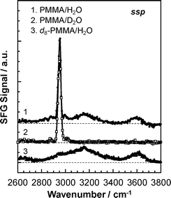 
            SFG spectra for protonated and deuterated PMMA films at protonated and deuterated water interfaces for the ssp polarization combination.