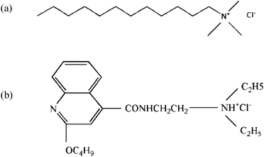 Structures of (a) dodecyl trimethyl ammonium chloride (DTAC) and (b) dibucaine·HCl (DC).