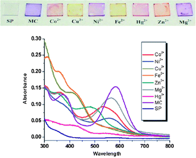 
          UV–vis spectra of the polymer brush film complexed with different ions. Reproduced from ref. 100.