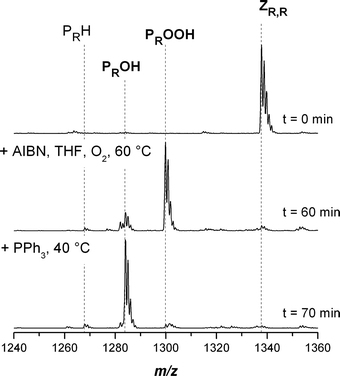 Electrospray ionization mass spectra of the transformation of poly(butyl acrylate) with a trithiocarbonate moiety in the middle of the chain into hydroxyl functional pBA in the charge state z = 1. The reagents AIBN/THF and PPh3 were added sequentially at t = 0 and 60 min. Full conversion was reached after 70 min.