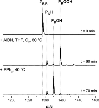 Electrospray ionization mass spectra of the transformation of poly(isobornyl acrylate) with a trithiocarbonate moiety in the middle of the chain into hydroxyl functional piBoA in the charge state z = 1. The reagents AIBN/THF and PPh3 were added sequentially at t = 0 and 60 min. Full conversion was reached after 70 min.
