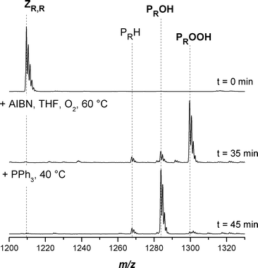Electrospray ionization mass spectra of the transformation of poly(tert-butyl acrylate) with a trithiocarbonate moiety in the middle of the chain into hydroxyl functional ptBA in the charge state z = 1. The reagents AIBN/THF and PPh3 were added sequentially at t = 0 and 35 min. Full conversion was reached after 45 min.
