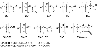 Possible species involved in the transformation of the dithiobenzoate or phenyldithioacetate end-group of various poly((meth)acrylate)s into a hydroxyl end-group.