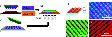 Transfer printing of luminescent polymers. (a) The polymer is patterned by hot embossing and transferred onto a flat PDMS stamp, (b) the patterned polymer is contacted with a PEDOT:PSS film wetted with glycerol, (c) the polymer is transferred from stamp to substrate upon heating, (d) patterns of luminescent polymers obtained by μCP. Copyright Fig. 6d: Wiley-VCH, 2008.