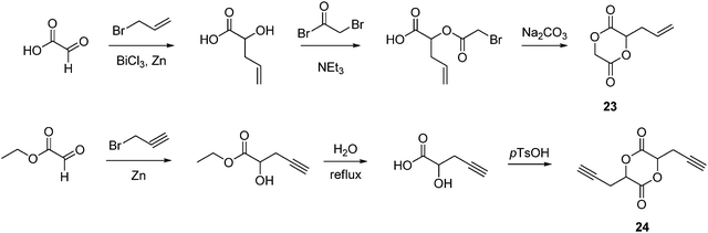 Synthesis of allyl and propargyl functional cyclic diesters 23 and 24.