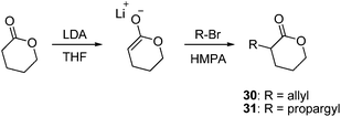 Synthesis of allyl (30) and propargyl (31) functional δ-valerolactone monomers.