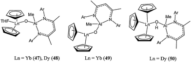 Organolanthanide(iii) complexes (47–50) containing and Ln–O–Al motif (Ar = 2,6-iPr2C6H3).