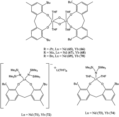 Anionic and neutral lanthanide complexes 65–74 supported by bis(phenolate) ligands.