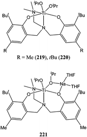 Amino bis(phenolate) titanium complexes 219–221.