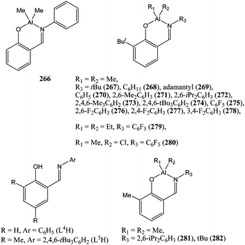 Aluminium and zinc complexes (266–282) supported by phenoxy-imine ligands.