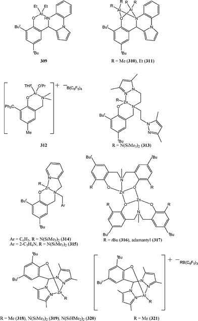 Aluminium and zinc complexes, 309–321, supported by amino phenolate, amine bis(phenolate) or heteroscorpionate ligands.
