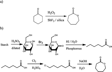 Synthesis of ε-caprolactone monomer (a) via the Bayer Williger oxidation process and (b) from renewable resources.