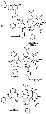 Releasing mechanism of paclitaxel from its photoresponsive prodrug 13 108 (reprinted with permission from M. Skwarczynski, M. Noguchi, S. Hirota, Y. Sohma, T. Kimura, Y. Hayashi and Y. Kiso, Bioorg. Med. Chem. Lett., 2006, 16, 4492, Copyright (2006) Elsevier Ltd.).