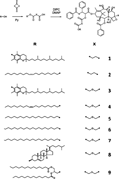 Synthesis of Lipophilic Paclitaxel Prodrugs61 (reprinted with permission from S. M. Ansell, S. A. Johnstone, P. G. Tardi, L. Lo, S. Xie, Y. Shu, T. O. Harasym, N. L. Harasym, L. Williams, D. Bermudes, B. D. Liboiron, W. Saad, R. K. Prud'homme and L. D. Mayer, J. Med. Chem., 2008, 51, 3288, Copyright (2008) American Chemical Society).