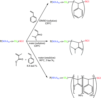 A schematic representation of the polymerizations initiated by the P(MAA61-co-SS8)-SG1 macroalcoxyamine in solution and emulsion.