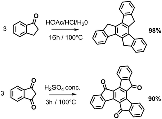 Truxene and truxenone synthesis. Reaction conditions after Dehmlow and Kelle.11