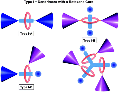 Classification of rotaxane dendrimers: Type I rotaxane dendrimers incorporate rotaxane-like features at the core. Type I rotaxane dendrimers have been sub-categorized into three different types: Type I-A: rotaxane dendrimers with dendron units attached to the rod component; Type I–B: rotaxane dendrimers with dendron units attached to the ring component; and Type I–C: rotaxane dendrimers with dendron units attached to both the ring and rod components.
