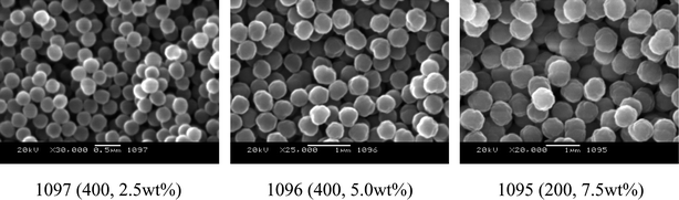 SEM photos of particles prepared by quasi-static polymerization.