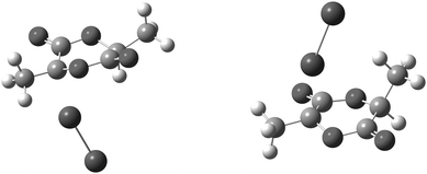 Stereostructures computed at the M06-L/6-31G(d) level for bromination TS structures (Br–Br approaching the intermediate lactide radical) leading to the preferred (3R,6S)- (left) and unpreferred (3S,6S)-3-bromo-3,6-dimethyl-1,4-dioxane-2,5-dione (right).