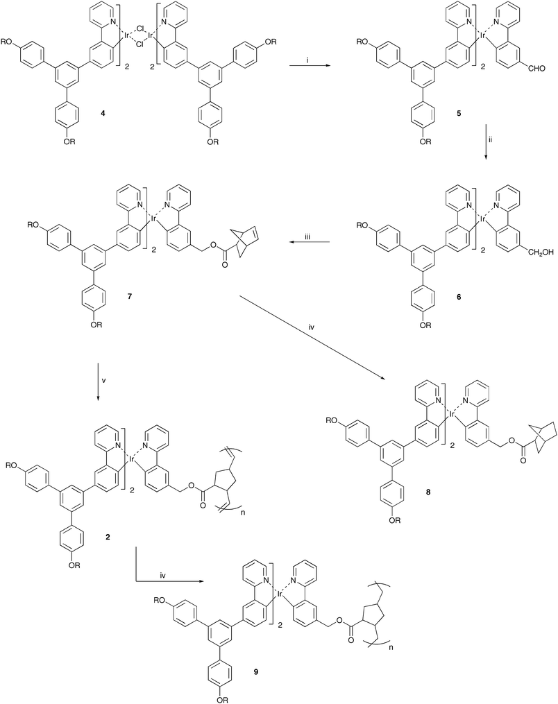 
          Reagents and conditions: (i) AgOSO2CF3, MeO(CH2CH2O)2Me, 110 °C, 16 h, Ar; (ii) LiAlH4, diethylether, 0 °C, 1 h, N2; (iii) exo-bicyclo[2.2.1]hept-5-ene-2-carboxylic acid chloride, py, 0 °C to rt, 16 h, N2; (iv) Pd/C, H2; (v) Grubbs III catalyst, CH2Cl2, 18 h then EtOCHCH2.