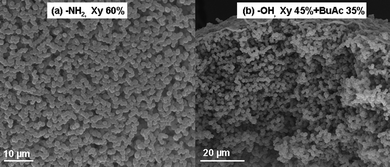 Representative SEM images of the porous functional beads prepared from the ‘thiol-yne’ formulation of (a) TT/(OY + PA)e, (b) TT/(OY + DPPD)f. e Xy as the porogen and f Xy + BuAc as the porogen.