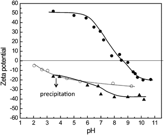 pH dependence of the zeta potential for (○) hairy seed particles stabilized by PS40-b-P(PEGMA1100)70, (▲) particles with PNaMA extensions and (●) particles with PDMAEMA extensions.