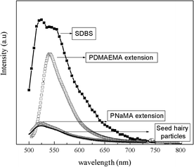 Emission spectra at 490 nm excitation wavelength of polystyrene films formed from latexes with: (–■–) SDBS,11 (□) PS40-b-P(PEGMA1100)70-b-PDMAEMA, (○) PS40-b-P(PEGMA1100)70-b-PNaMA, and (—) PS40-b-P(PEGMA1100)70.11