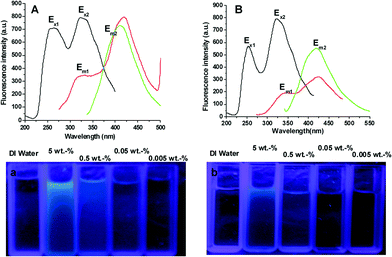 Emission (EM) and excitation (EX) spectra for two samples prepared respectively from the polymerization at 40 (A) and 80 °C (B) and illumination photographs (a and b) of their aqueous solutions with different concentrations under 365 nm irradiation.