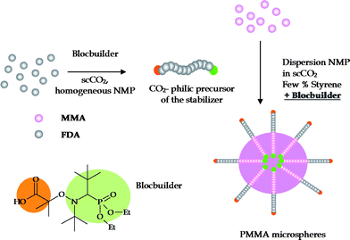 Dispersion NMP of MMA using BlocBuilder as polymerization initiator and SG1-terminated poly(heptadecafluorodecyl acrylate) (PFDA-SG1) as precursor of the stabilizer.