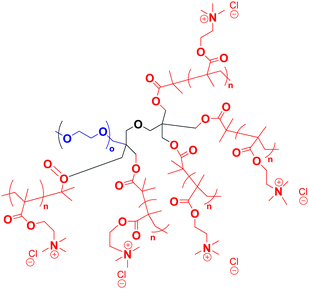 Structure of the miktoarm polymer, with PEG in blue and PMOTAC in red.
