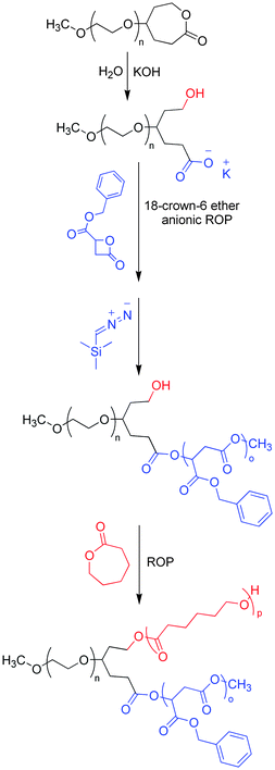 Synthesis of a biocompatible ABC miktoarm star by functionalization of a linear macroinitiator (PEG) followed by successive ROPs.
