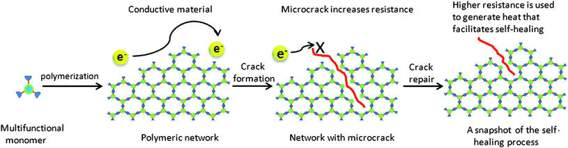 Concept of an electrically conductive, self-healing material. Electrical resistance increases upon formation of a microcrack, as the total number of electron percolation pathway decrease. As the microcrack is the source of the resistance increases, the generation of heat as localised at the fracture point. Reproduced with permission from ref. 35.