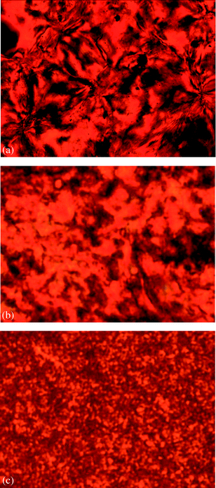 The POM images upon cooling from the isotropic phases: P10-C at 118 °C (annealed for 70 min) (a), P10-F at 108 °C (annealed for 60 min) (b), and P6-F at 108 °C (annealed for 60 min) (c).