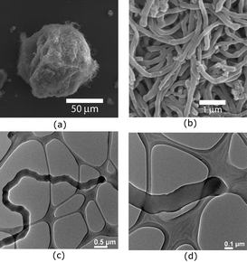 SEM (a and b) and TEM (c and d) images of fibers obtained from the polymerization of DVB in hexanes at 25 °C.