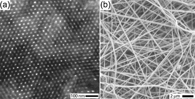 (a) A TEM image of bulk composite showing hexagonally packed cylinders. (b) A SEM image of annealed core-shell electrospun fibers.