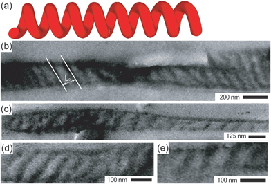 (a) A schematic representation of a helical morphology. (b)–(e) TEM images of fibers cut parallel to the fiber axis consistent with a helical morphology. The image in (b) shows how the characteristic structural repeat distance, L0, was determined.