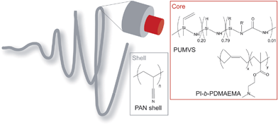 A schematic representation of the core-shell fiber polymer chemistry. The fiber consists of a PI-b-PDMAEMA/PUMVS nanocomposite core and a PAN shell. The PUMVS molecule has cyclic and linear features; R = H or vinyl, no information is available on R′.