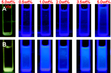 Illumination photographs of HAMAMs (A) and HPAMAMs-OH (B, sample C) aqueous solution irradiated under 365 nm.